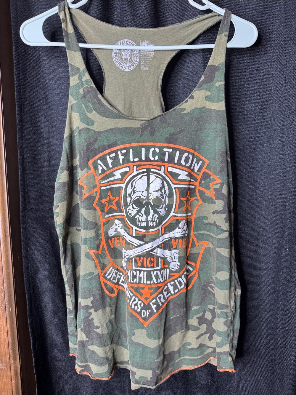 Affliction Camo Racerback Tank with Orange Skull Crest